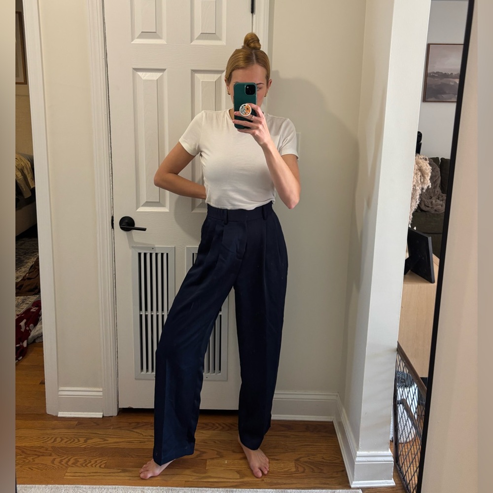 Zara navy blue high waited silk look trouser pants